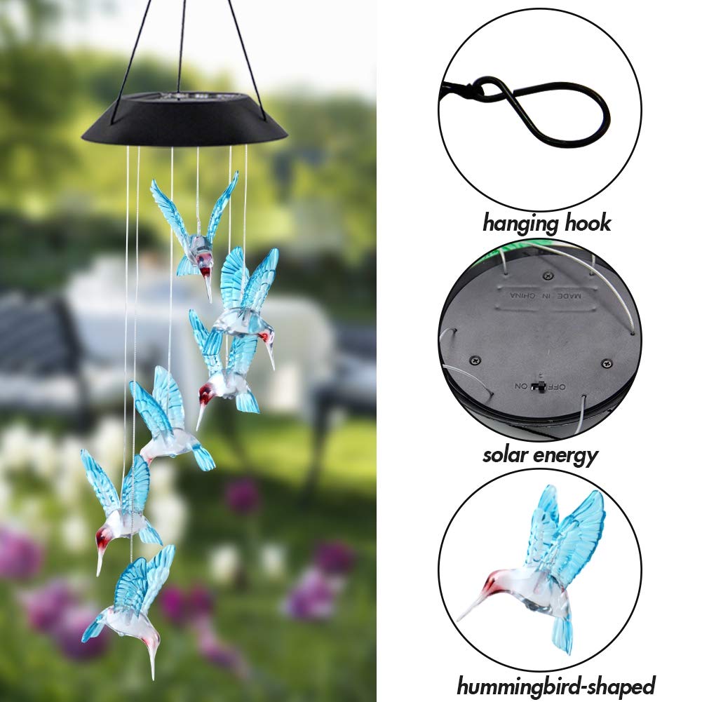 MorTime blue hummingbird wind chime adds decorative light to patios and gardens.