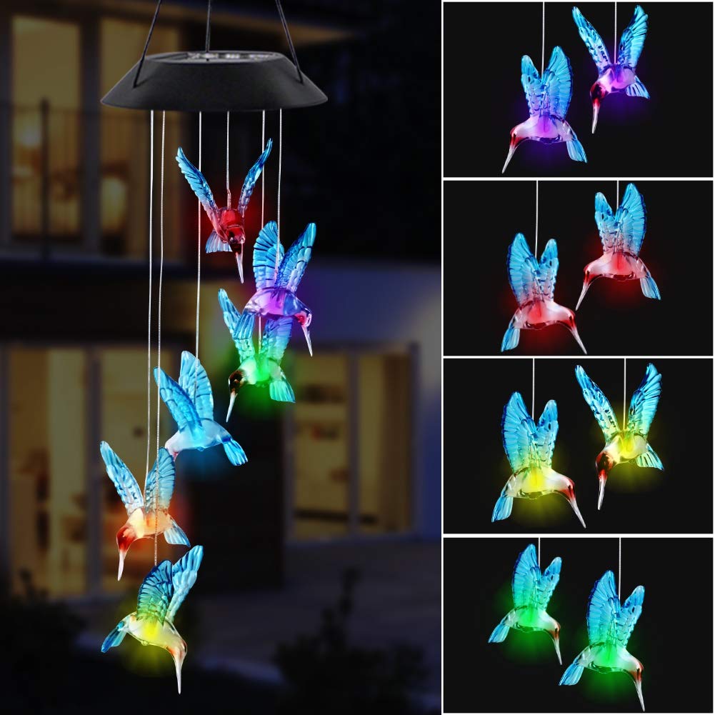 MorTime solar hummingbird wind chime with blue glow for vibrant outdoor ambiance.