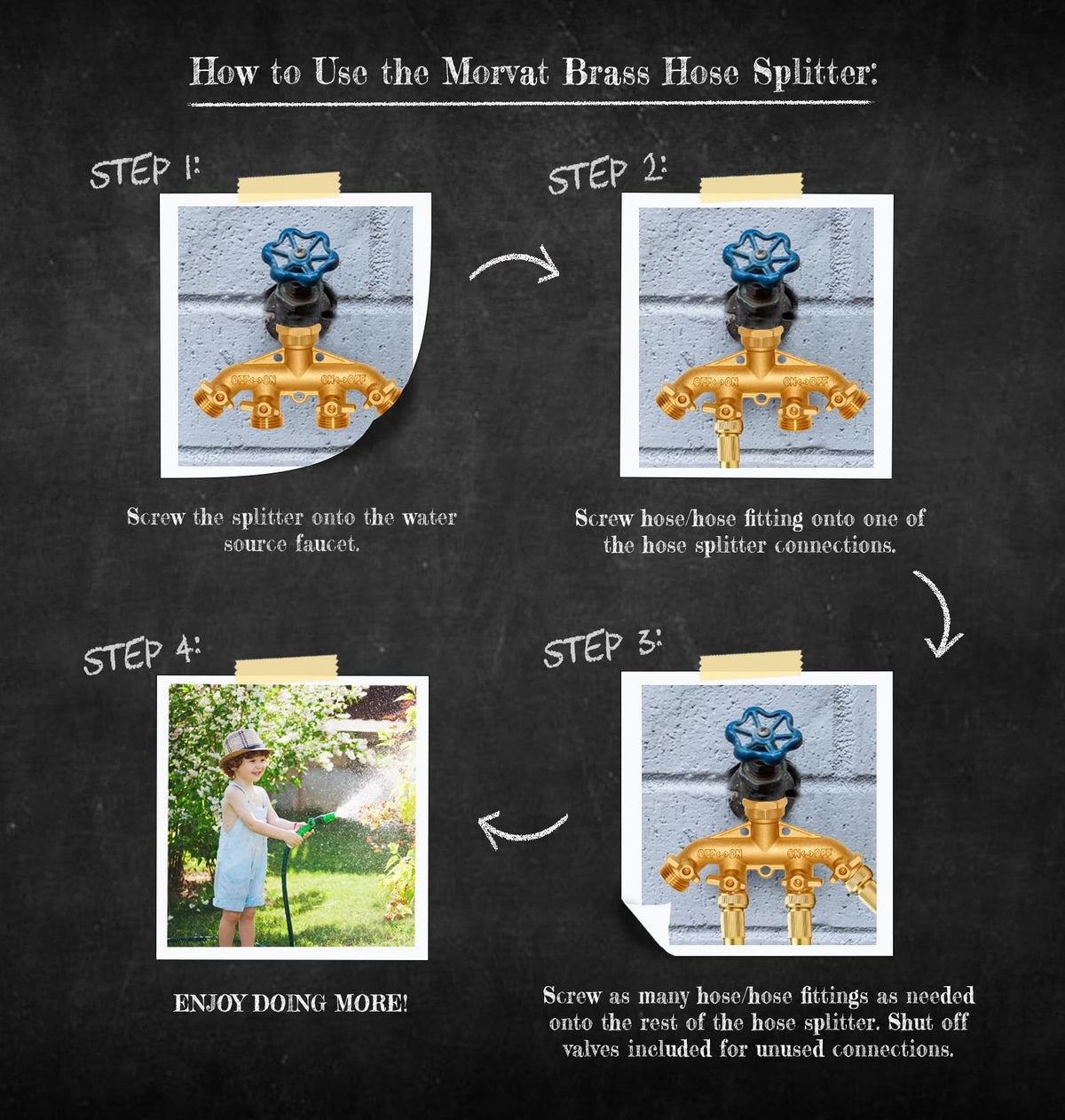 Morvat brass 4-Way Splitter in a garden setup enabling multiple hoses.
