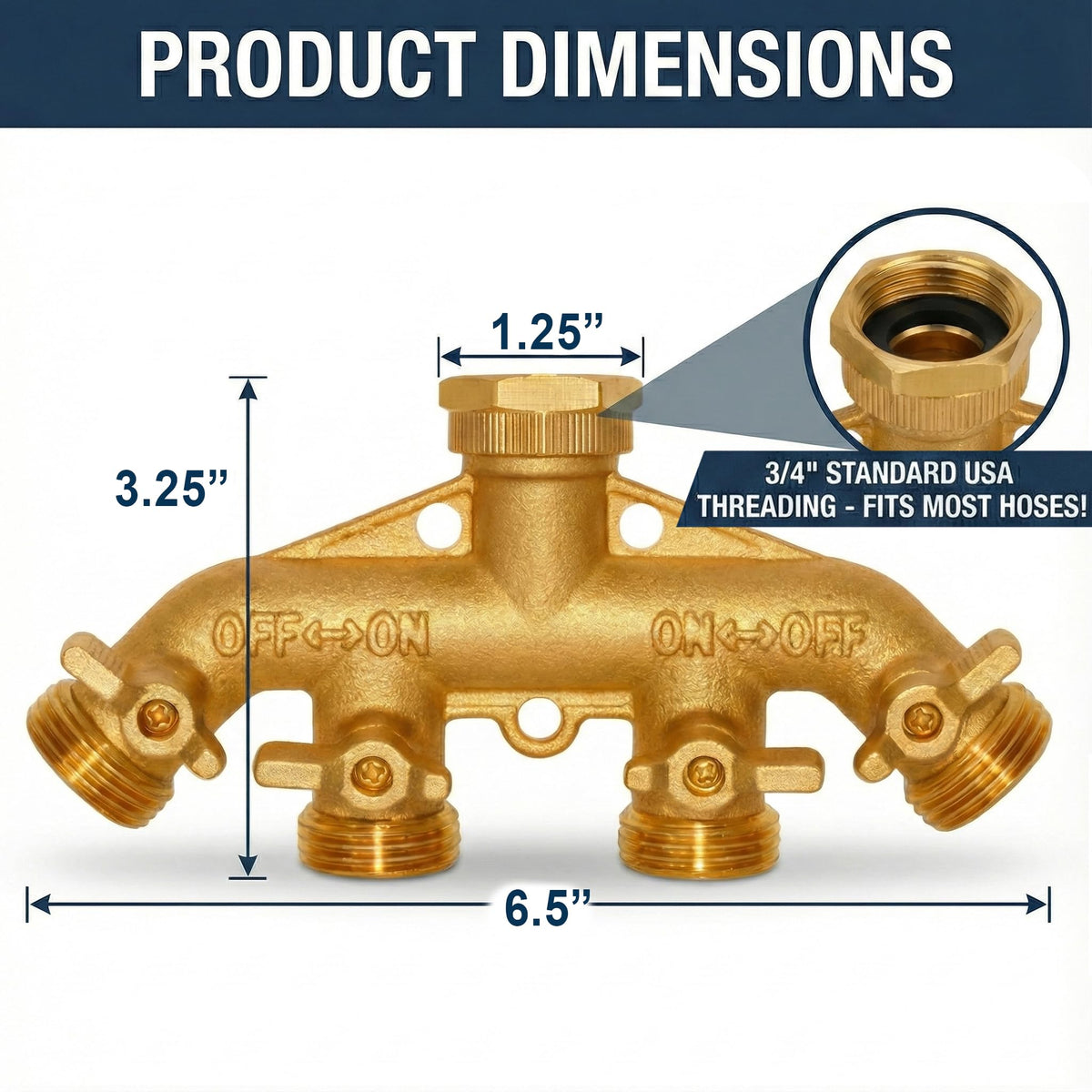 Morvat brass 4-Way Splitter packaging in box with accessories shown.