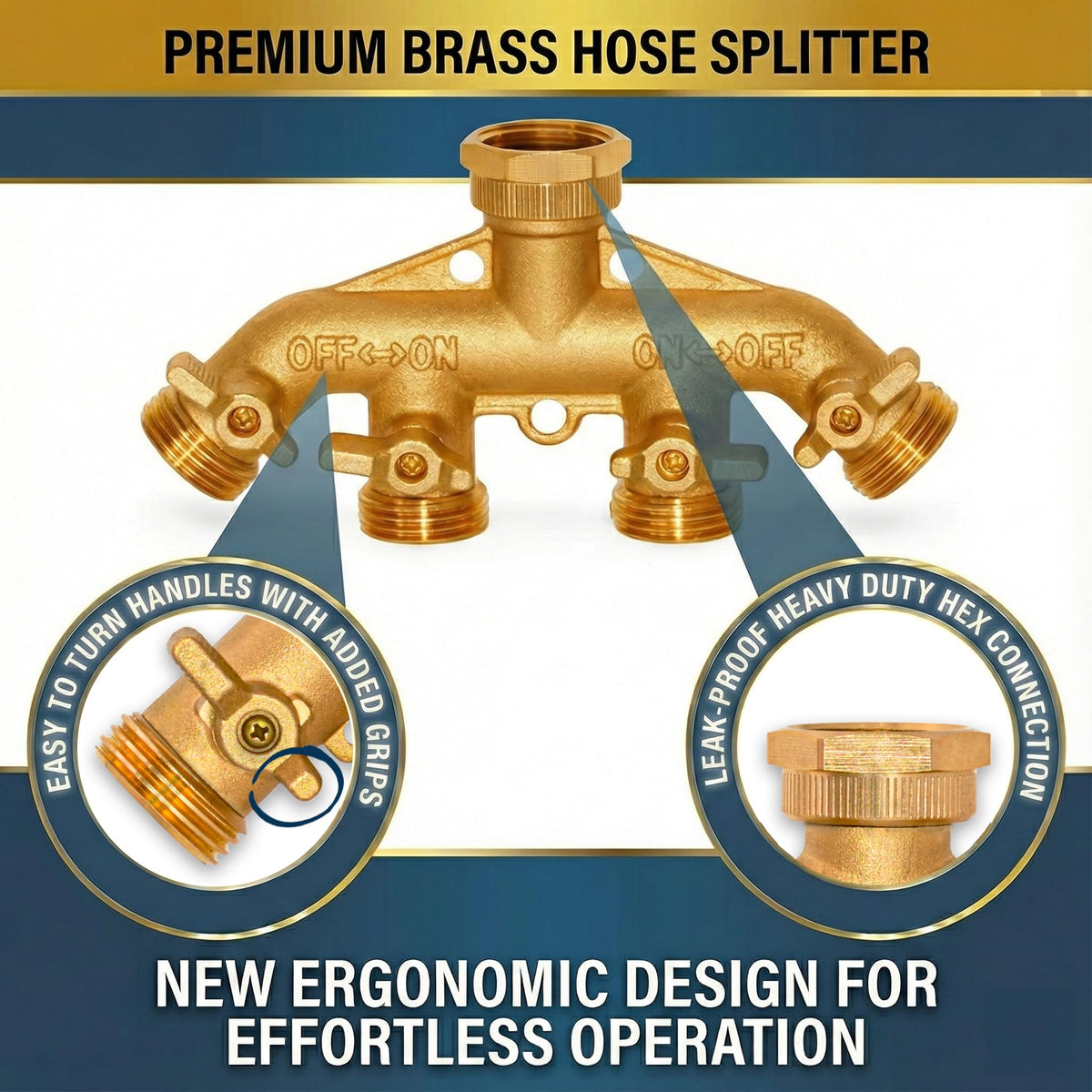 Morvat brass 4-Way Splitter leakproof fittings secured to faucet for reliable watering.