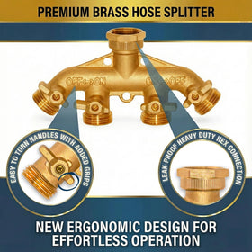 Morvat brass 4-Way Splitter leakproof fittings secured to faucet for reliable watering.