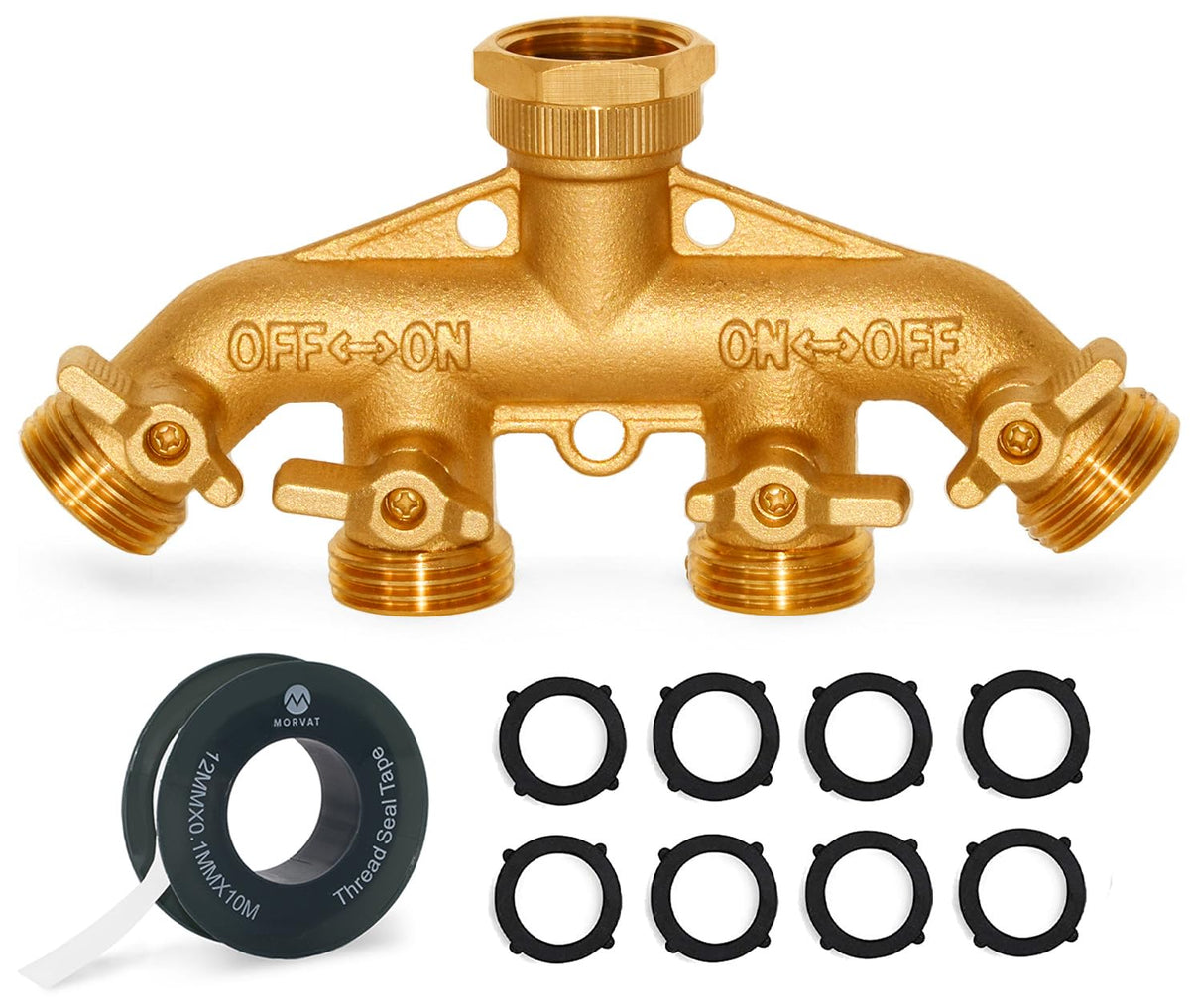 Morvat brass 4-Way Splitter viewed from front with four outlets for efficient multi-hose watering.