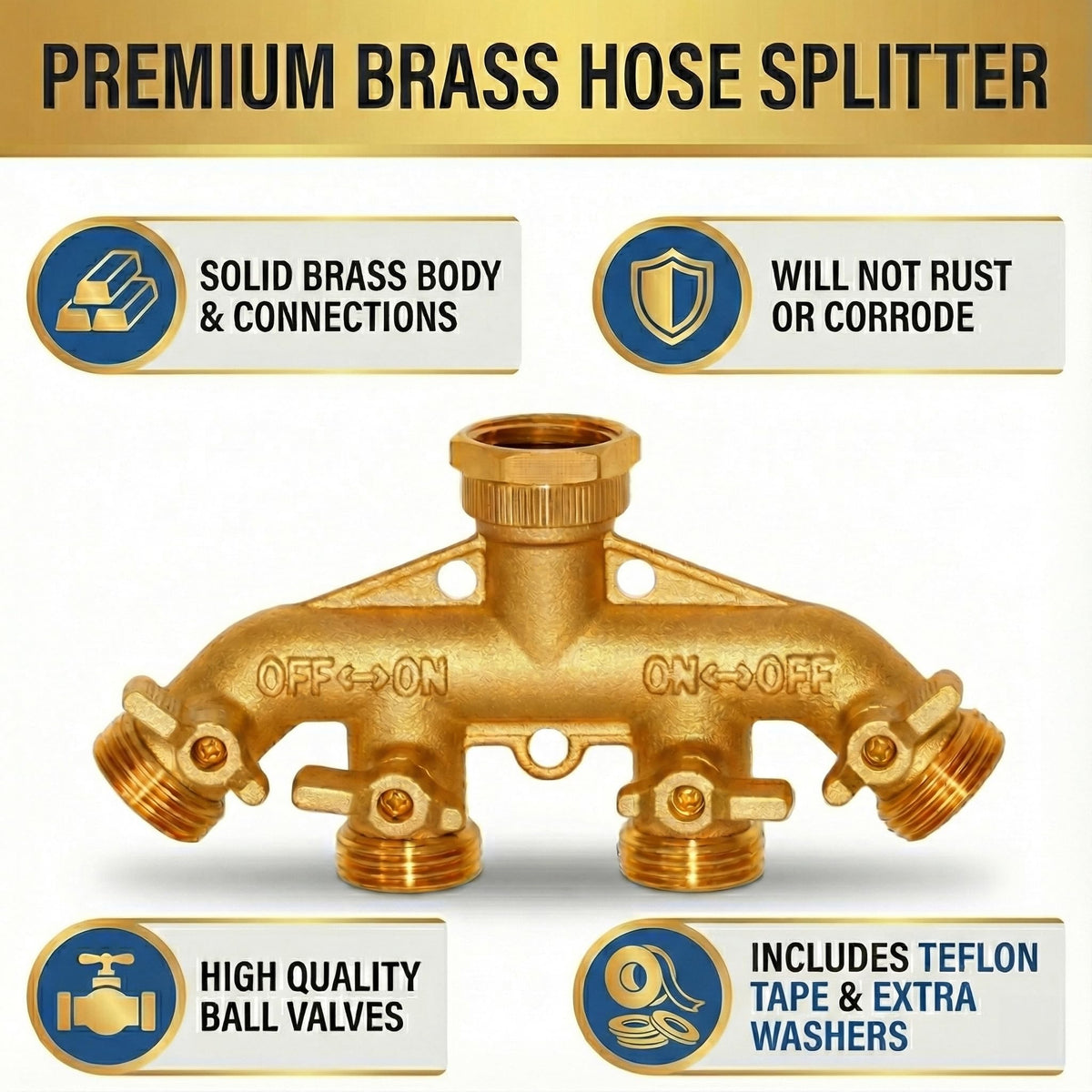Morvat brass 4-Way Splitter close-up of independent on-off valves for control.