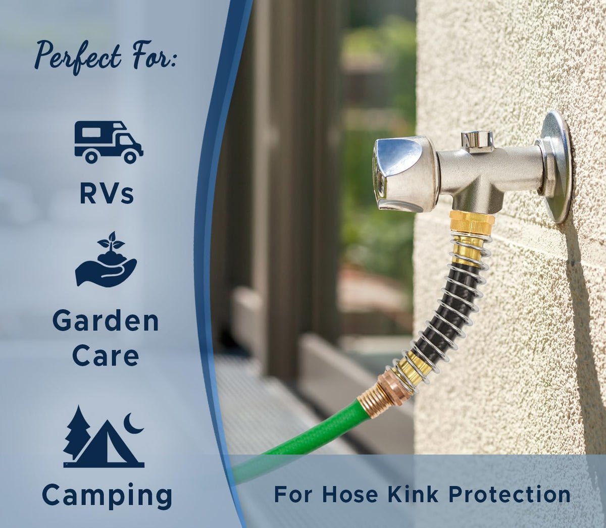 Morvat coil spring protects hose from kinks during outdoor watering tasks.