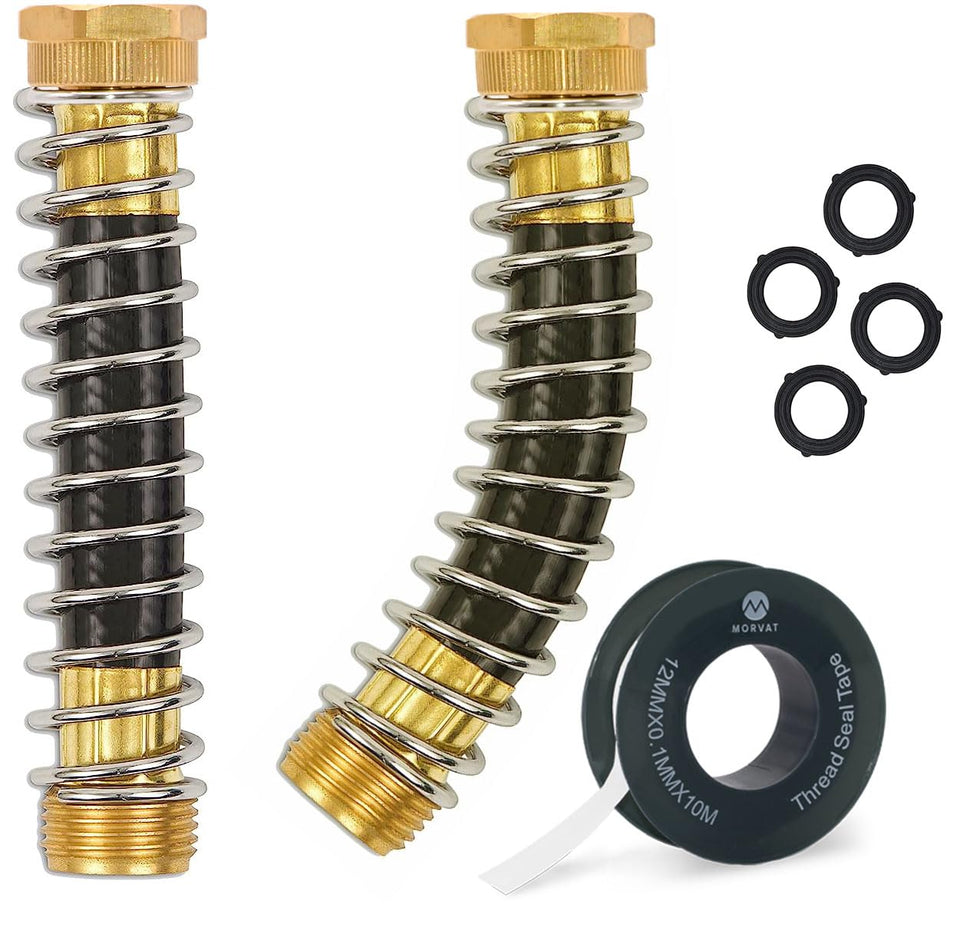 Morvat garden hose protector with brass coil guards against kinks and leaks.