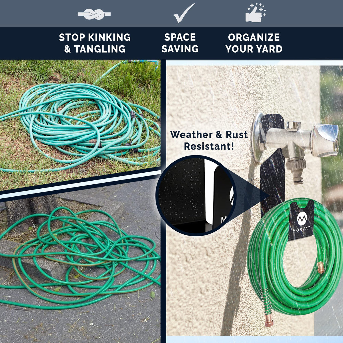 Morvat Premium 150 Ft Hose Hanger over-spigot for easy access and portability