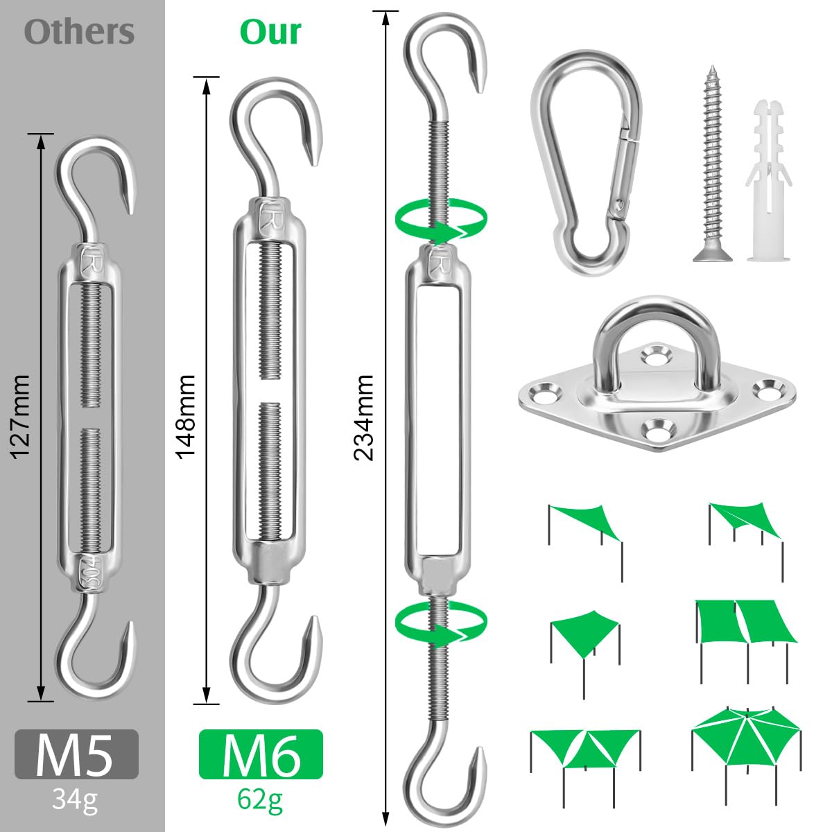 Morzejar rectangle sail hardware kit ready for secure rectangle shade sail mounting.