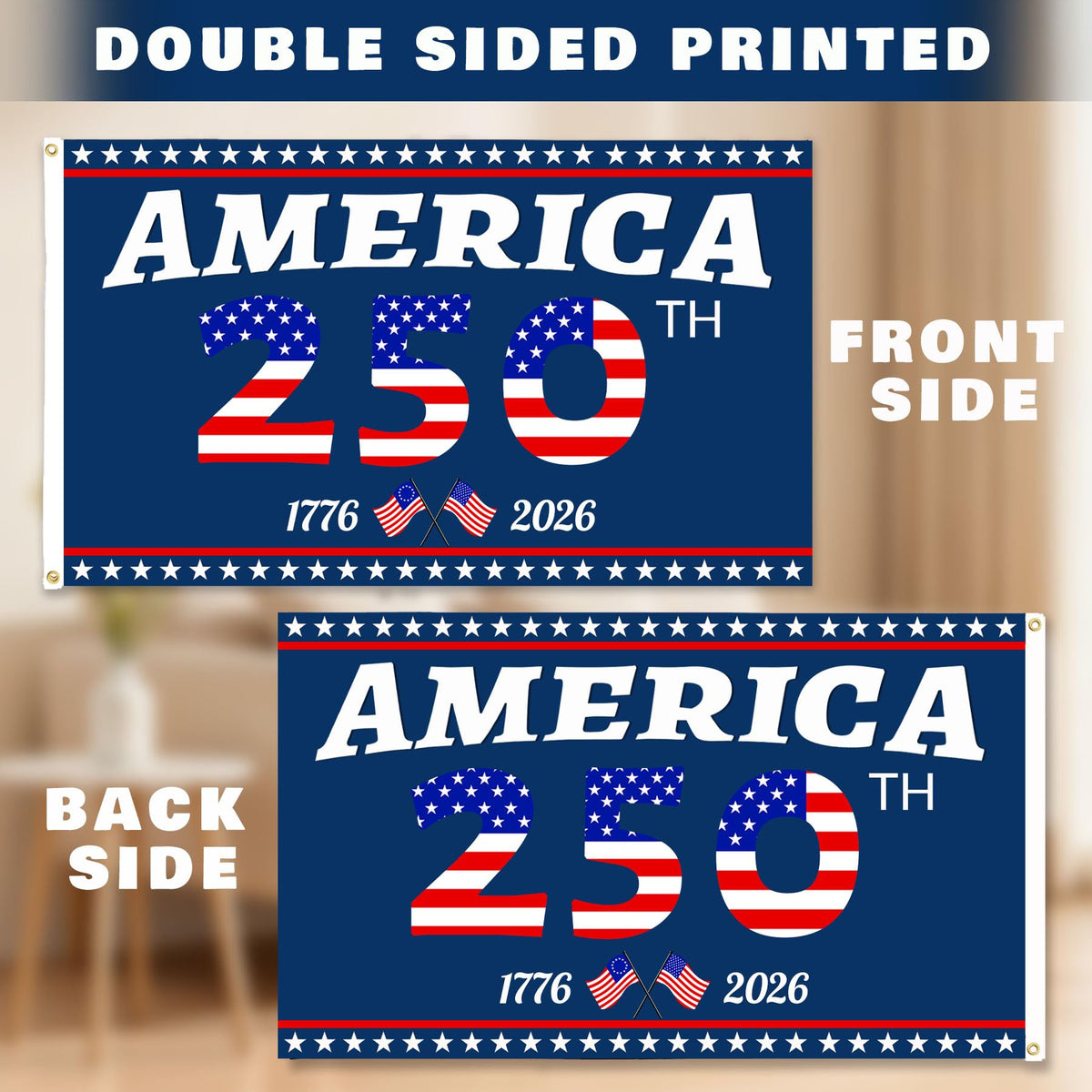 MOSADO 250th Anniversary flag with brass grommets for easy outdoor installation.