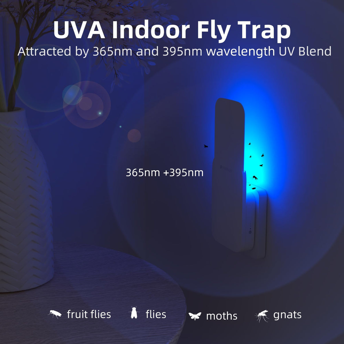 Mosalogic fruit fly trap night-light mode provides gentle illumination while capturing gnats.