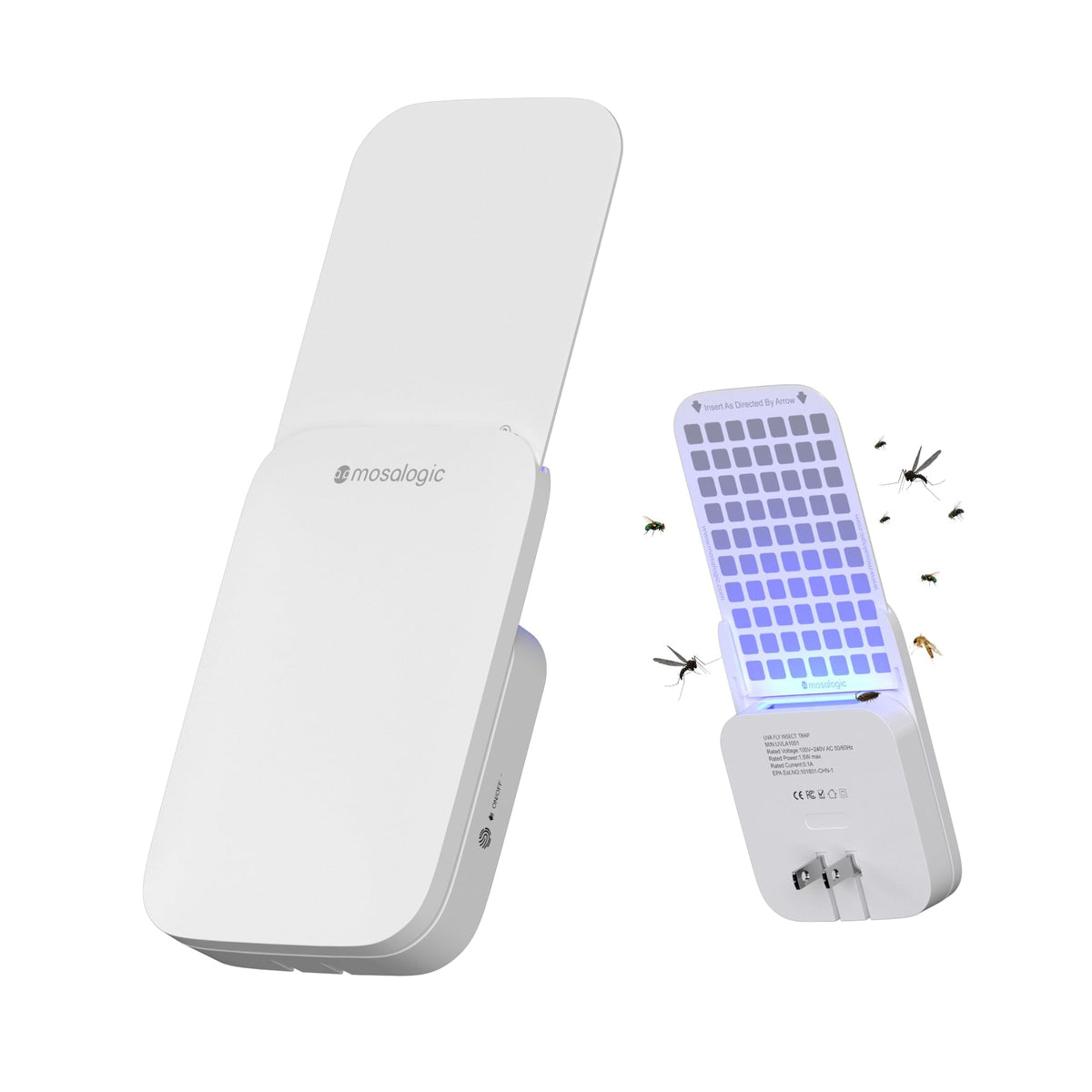 Mosalogic fruit fly trap plug-in glowing softly to attract pests indoors.