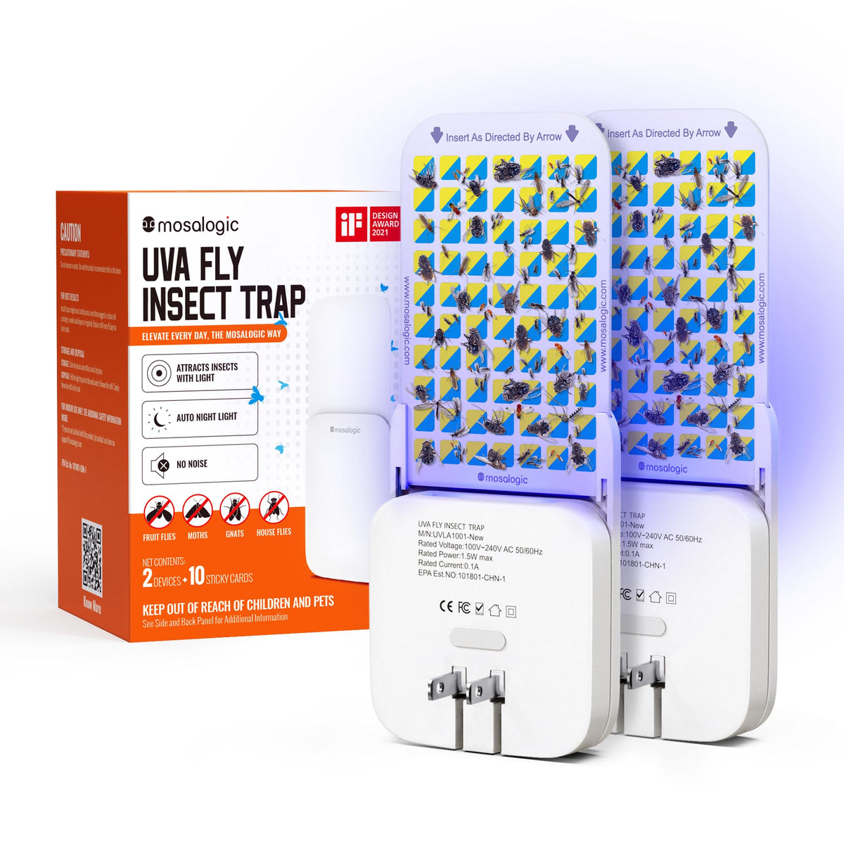 Mosalogic fruit fly trap with UV light attracts fruit flies for indoor control.