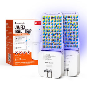 Mosalogic fruit fly trap with UV light attracts fruit flies for indoor control.