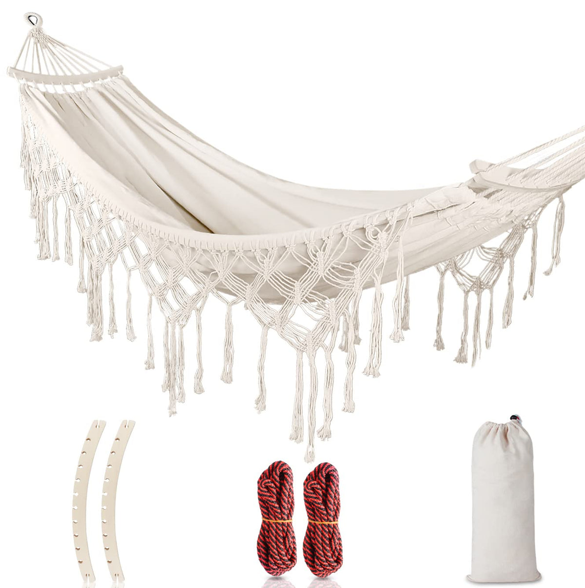 MOSFiATA backyard hammock with tassels in white canvas for stylish outdoor lounging.