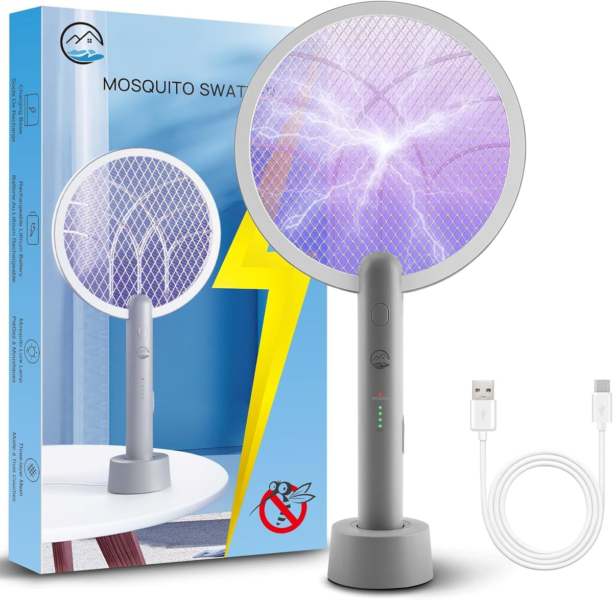 Mosiller 2-in-1 electric bug zapper racket in use to eliminate flying insects.