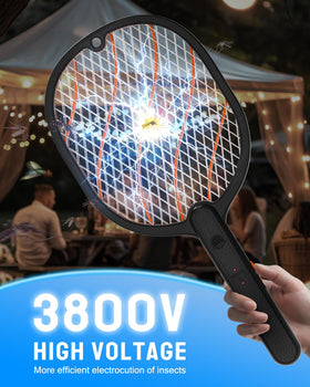 Mosiller bug zapper racket side view showing ergonomic grip for comfort.
