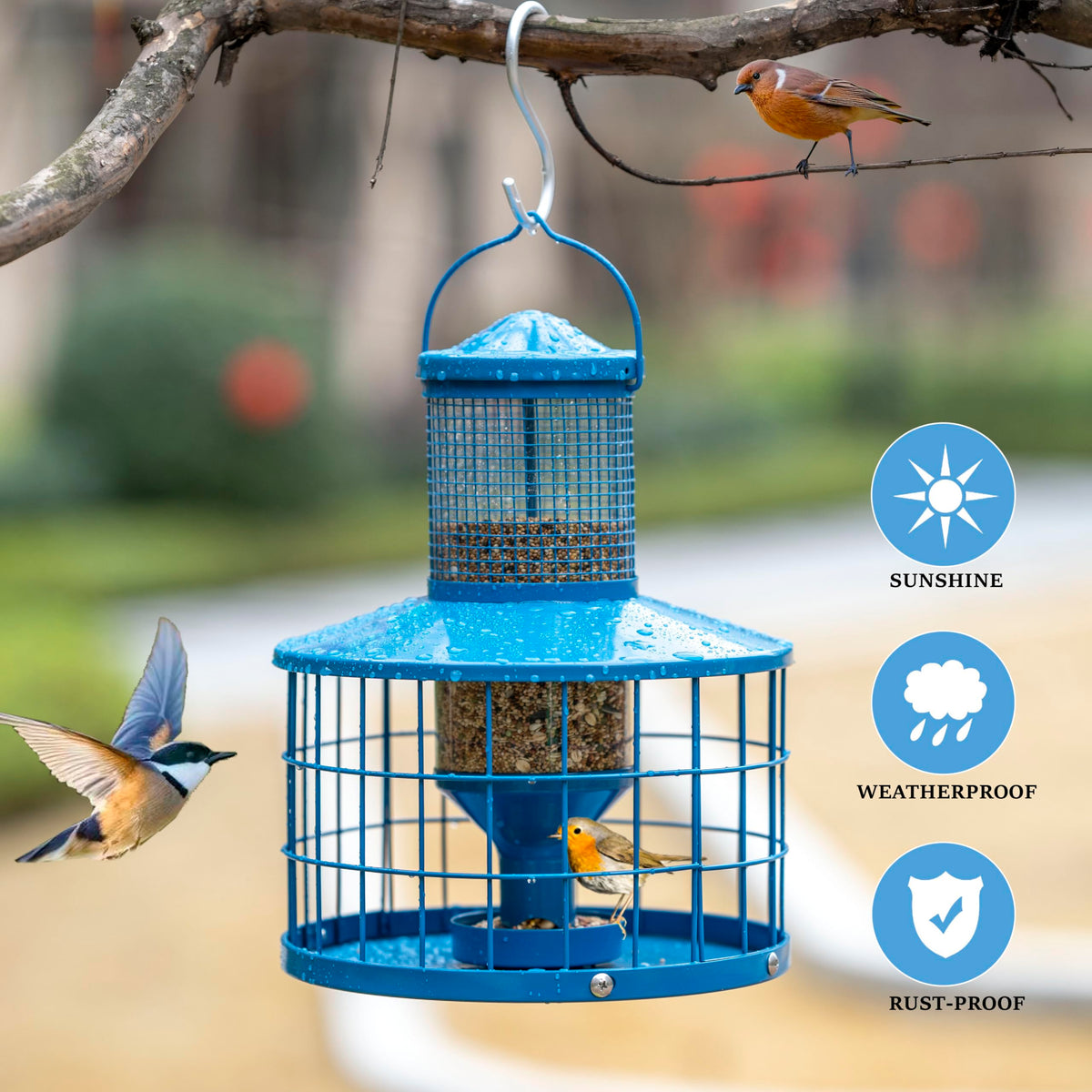Mosloly caged bird feeder blue side view shows sturdy metal construction for outdoor use
