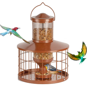 Mosloly caged bird feeder in brown exterior, ideal for backyard birdwatching.