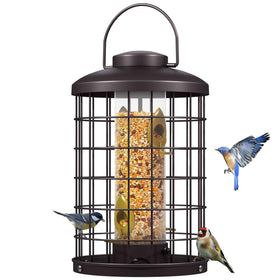 Mosloly caged bird feeder front view in copper finish attracts wild birds.
