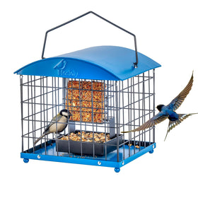 Mosloly caged suet feeder front view, durable housing for small birds