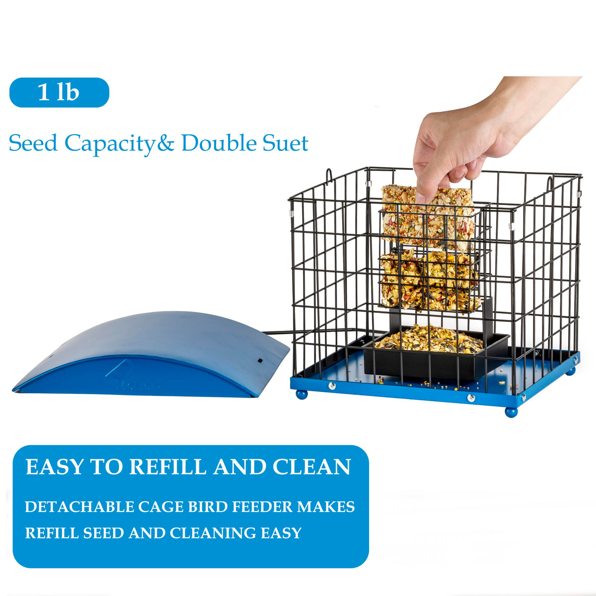 Mosloly squirrel-proof feeder close-up on cage, protects food from larger pests