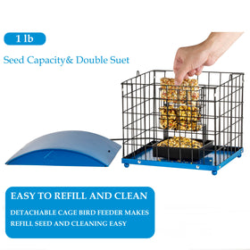 Mosloly squirrel-proof feeder close-up on cage, protects food from larger pests