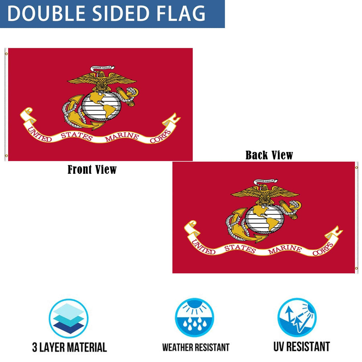 Mosprovie USMC flag with brass grommets for secure hanging outdoors.
