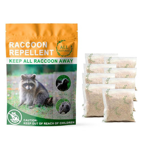Mosquashield natural raccoon repellent bag close-up showing garlic, peppermint, wintergreen oils for pet-safe deterrence.