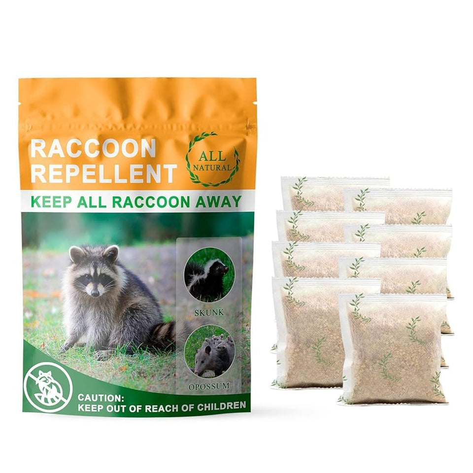 Mosquashield natural raccoon repellent bag close-up showing garlic, peppermint, wintergreen oils for pet-safe deterrence.