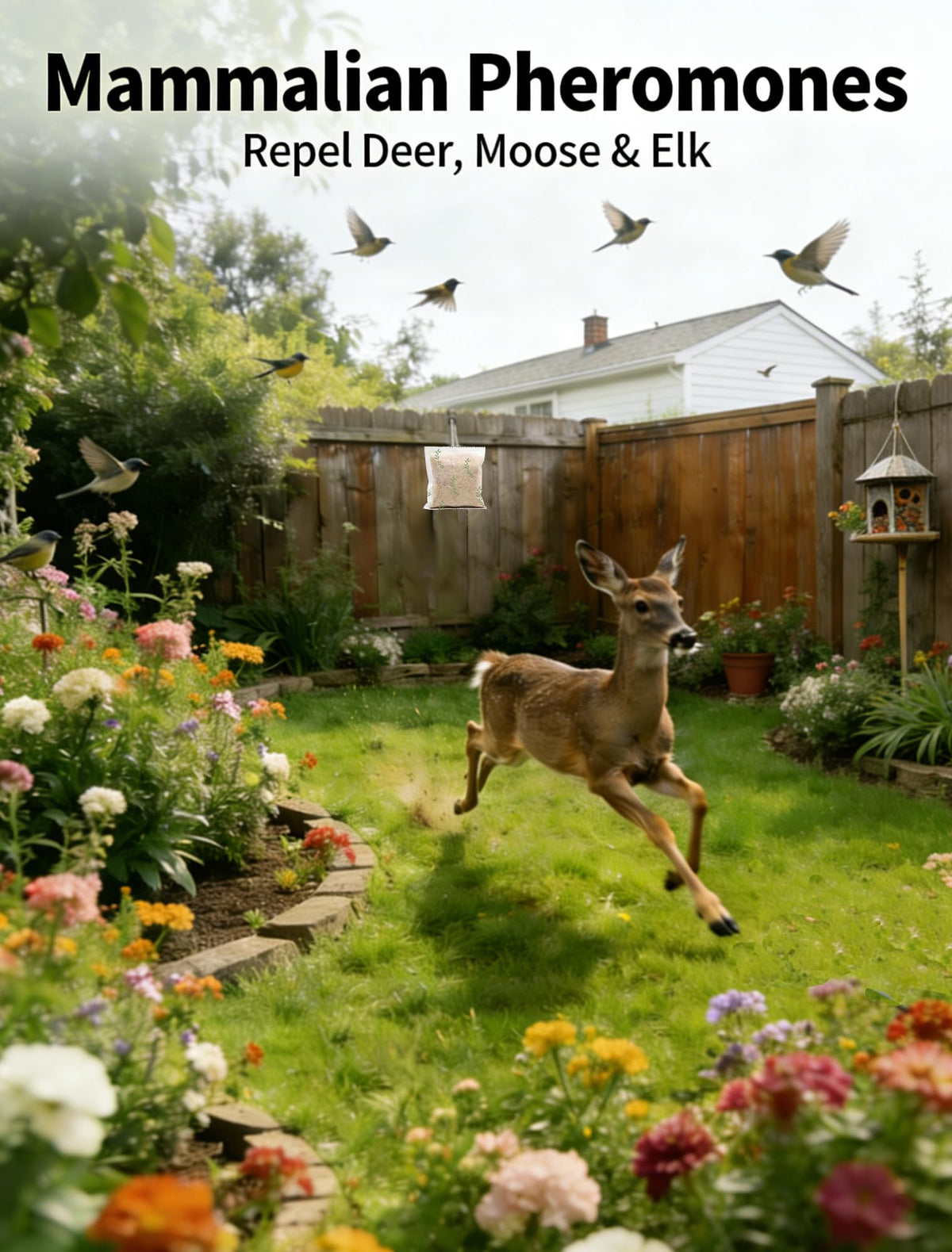 Mosquashield sachets hanging in garden deter deer from plants