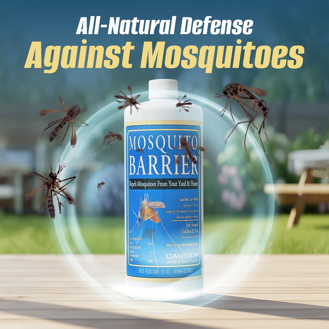 Mosquito Barrier garlic concentrate applied along a lawn edge for perimeter protection.