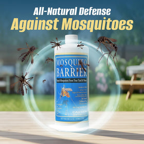 Mosquito Barrier garlic concentrate applied along a lawn edge for perimeter protection.