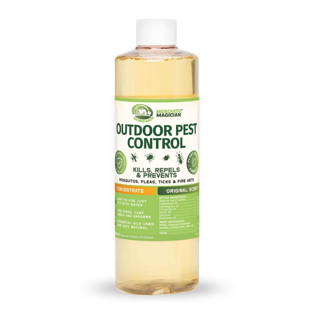 Mosquito Magician liquid concentrate bottle ready for yard mixing and treatment