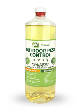 Mosquito Magician liquid concentrate bottle ready for outdoor pest control, reducing mosquitoes in yards.
