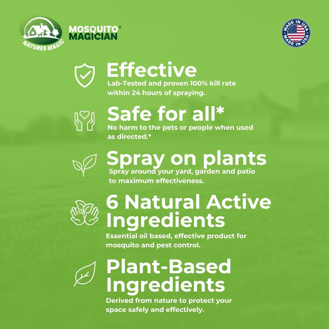 Mosquito Magician natural oil-based formula shown for outdoor protection.