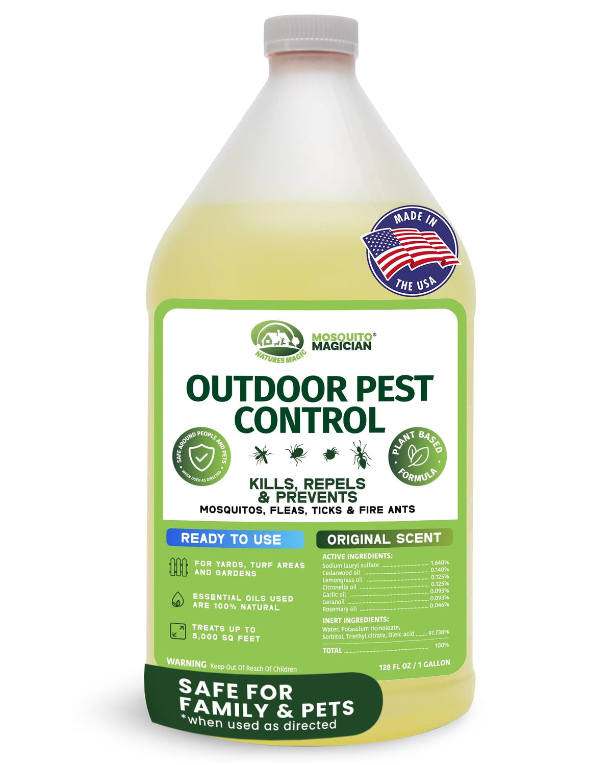 Mosquito Magician bottle showcases the natural oil blend for outdoor protection.