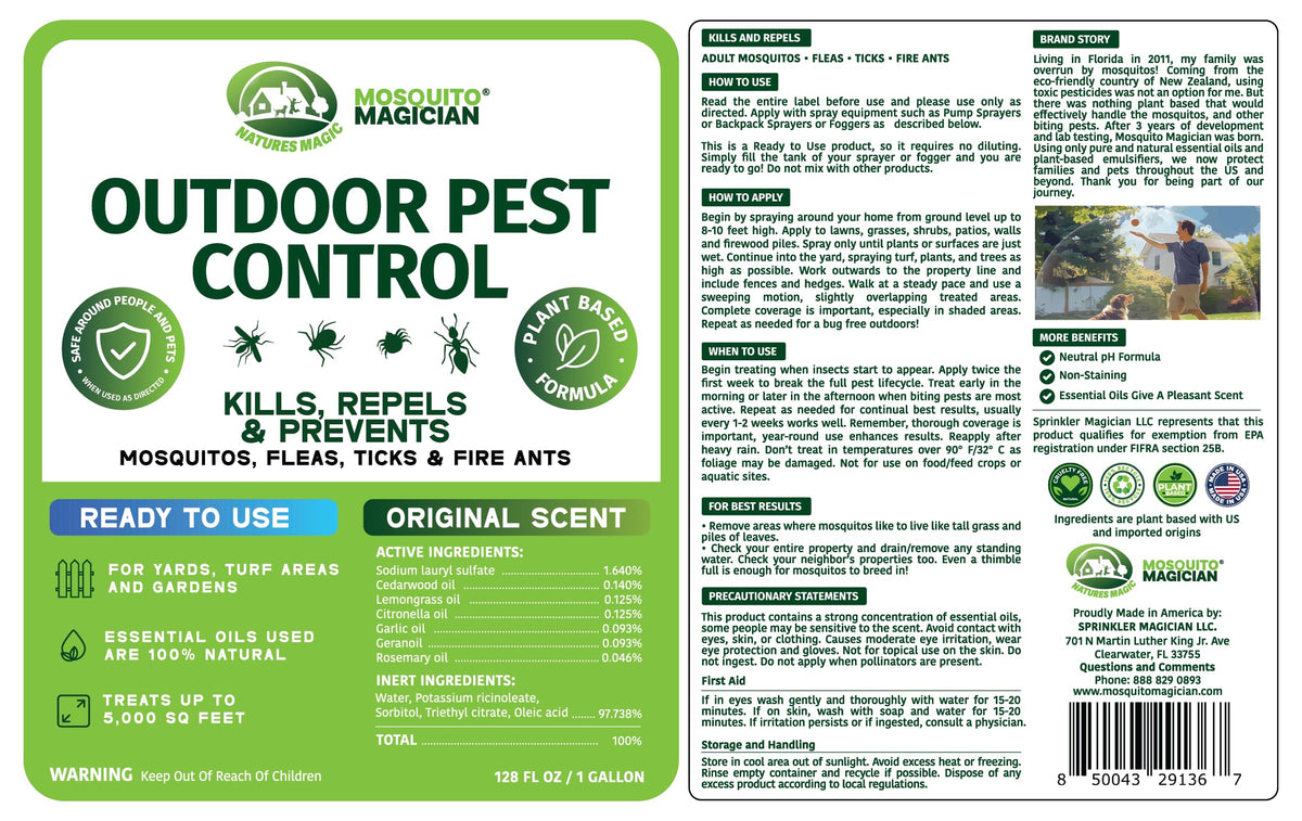 Mosquito Magician ready-to-use liquid beside a sprayer for easy application.