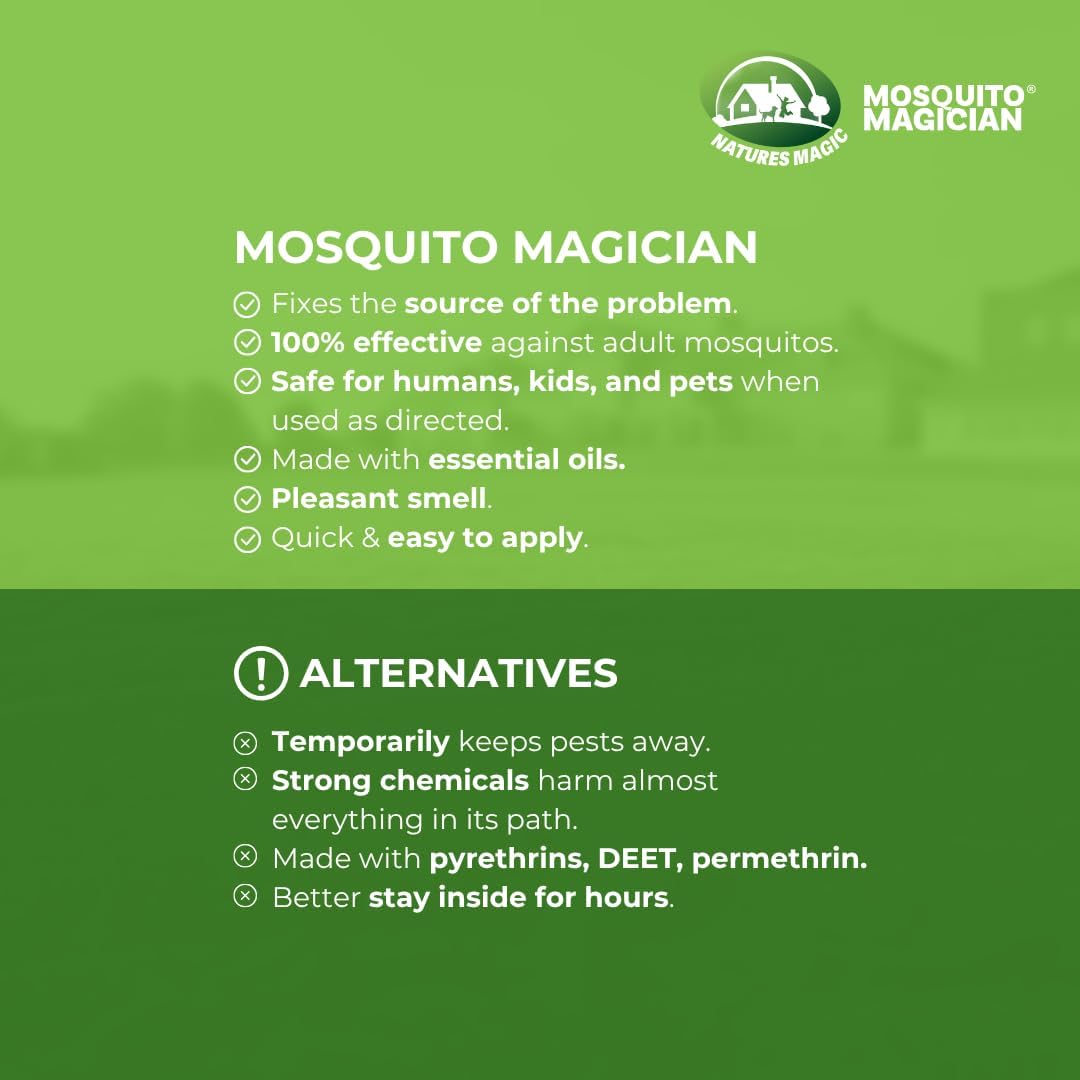 Mosquito Magician safety claim emphasizes kid, pet, and plant friendly use when dry.