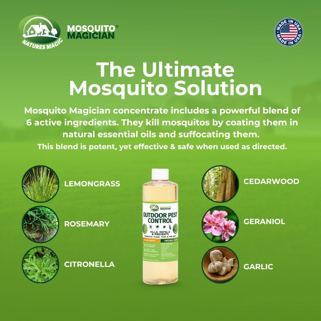 Spraying Mosquito Magician onto yard using a sprayer for broad coverage