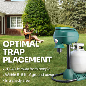 Propane-tank-not-included label beside Mosquito Magnet Patriot Plus unit.