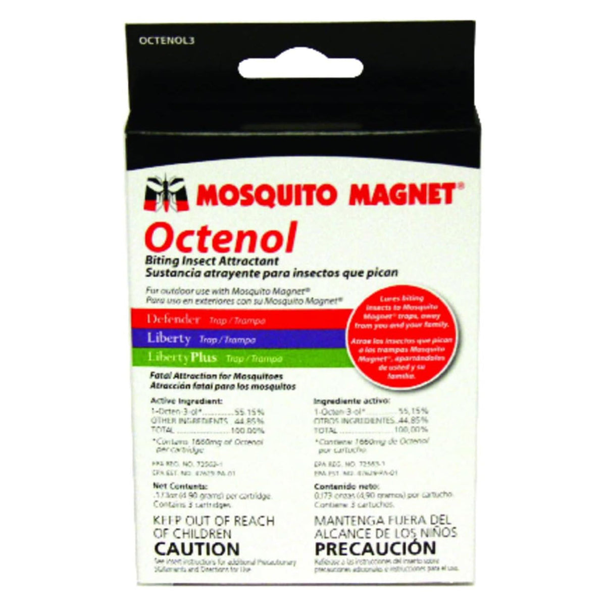 Mosquito Magnet Octenol3 attractant pod close-up shows long-lasting lure for outdoor use.
