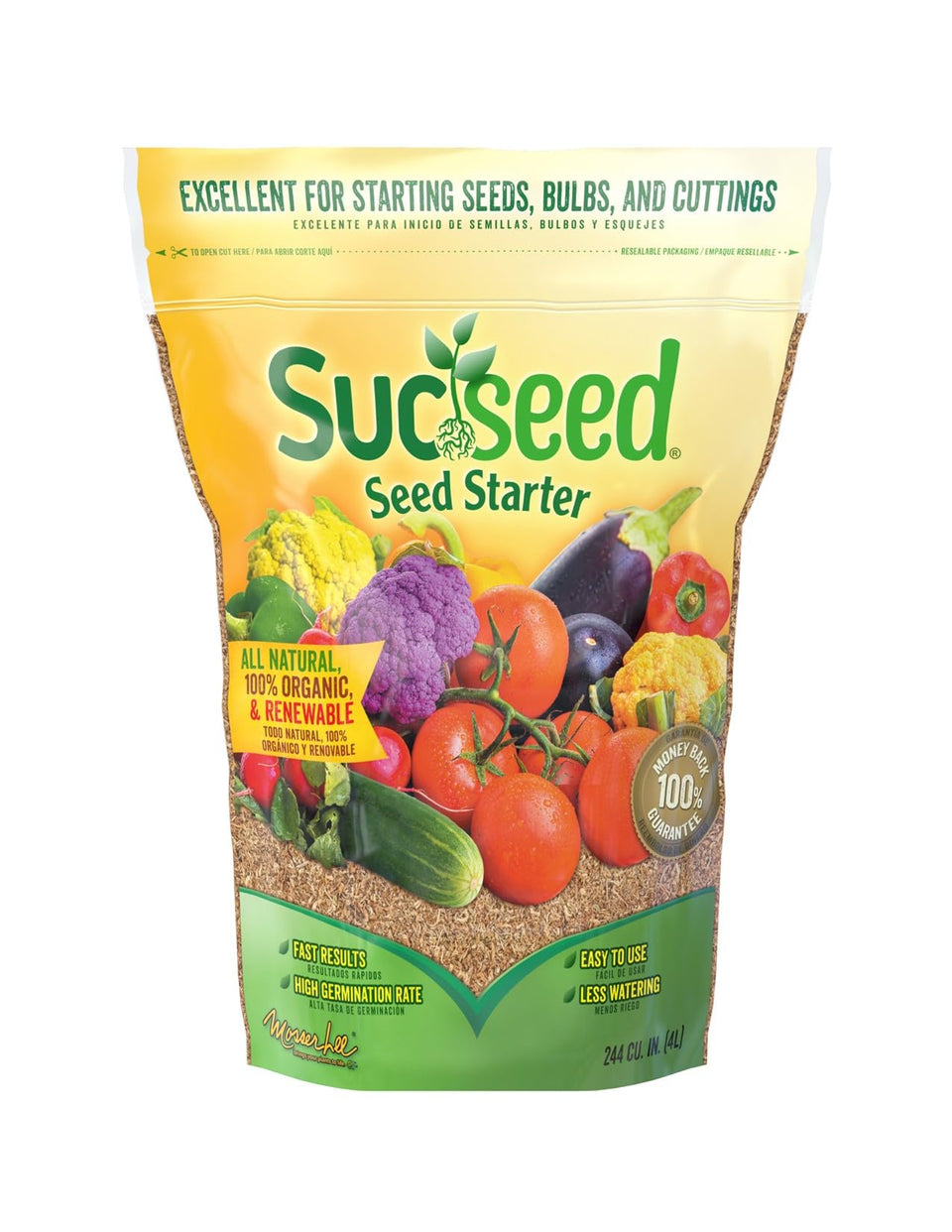 Mosser Lee SucSeed Premium Seed Starter bag label emphasizes quick germination.