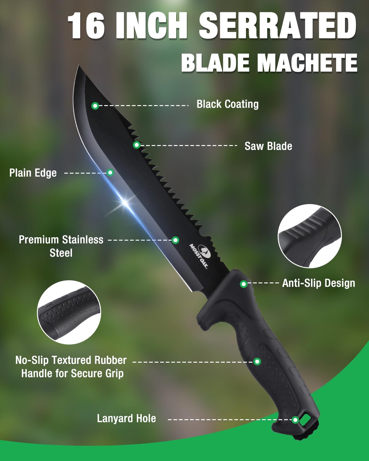 Mossy Oak 16-inch machete with full tang for stability
