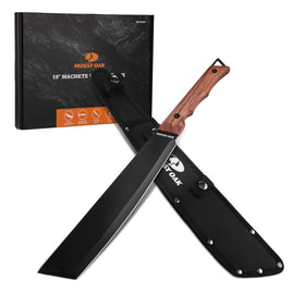 Mossy Oak 19in machete blade close-up with sharp 5Cr15Mov edge for tough cuts.