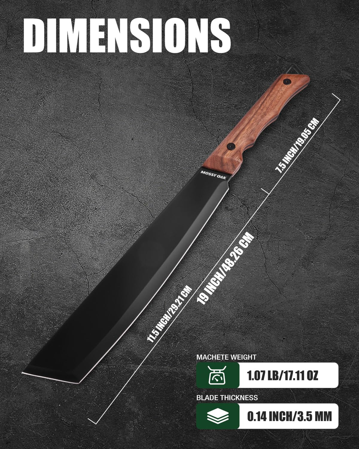Mossy Oak machete with Oxford sheath ready for safe outdoor transport.