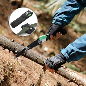 Mossy Oak folding-saw with green button for safe folding and storage.