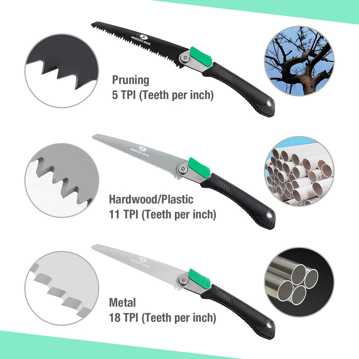 Mossy Oak soft handle provides comfortable grip during long cuts.
