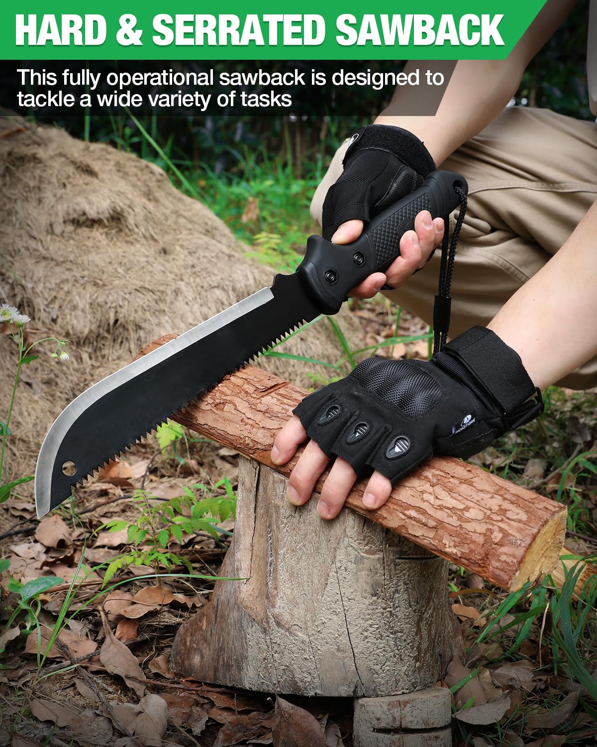 Mossy Oak machete cutting through brush on outdoor trail