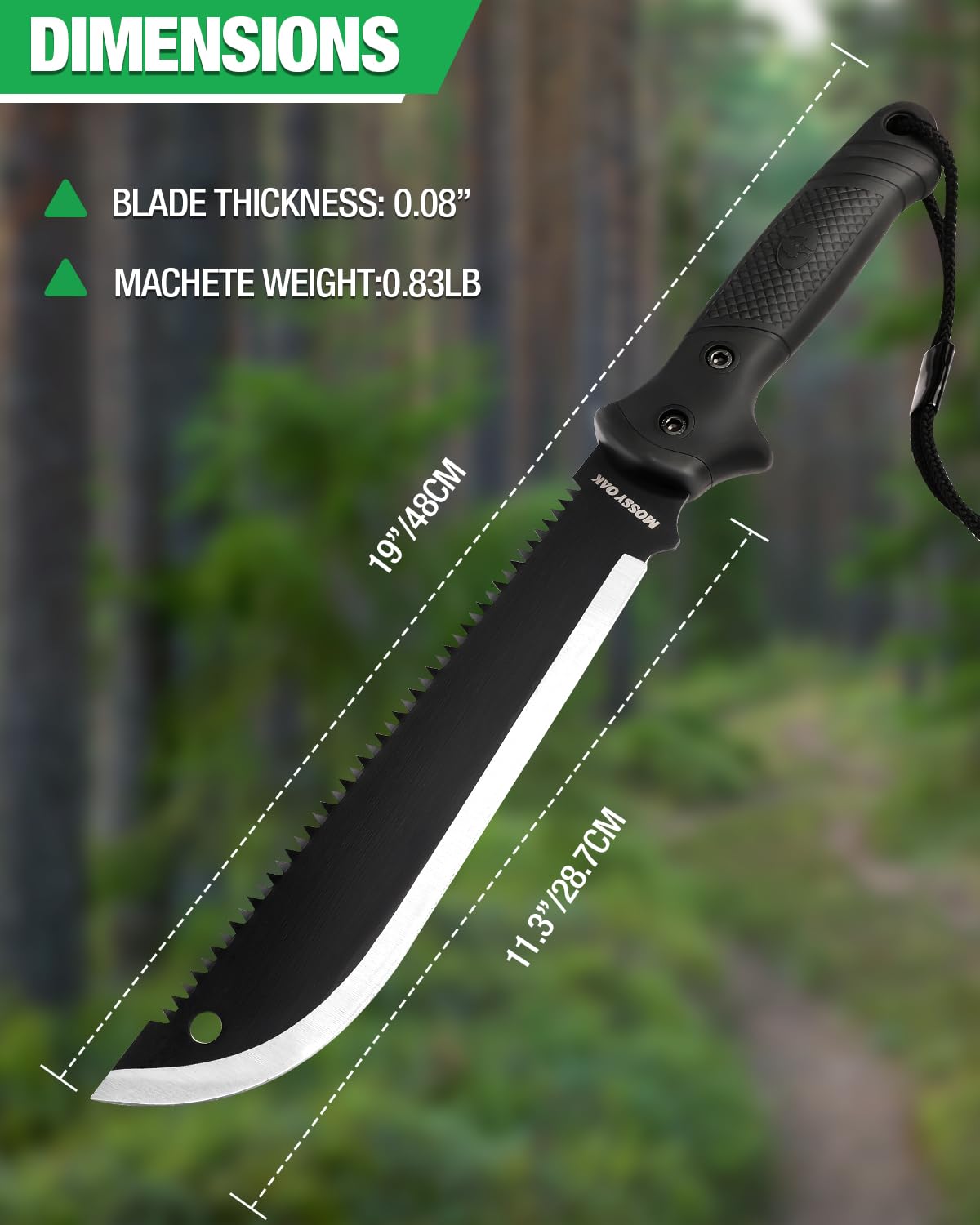 Mossy Oak machete with ergonomic no-slip handle for comfortable grip