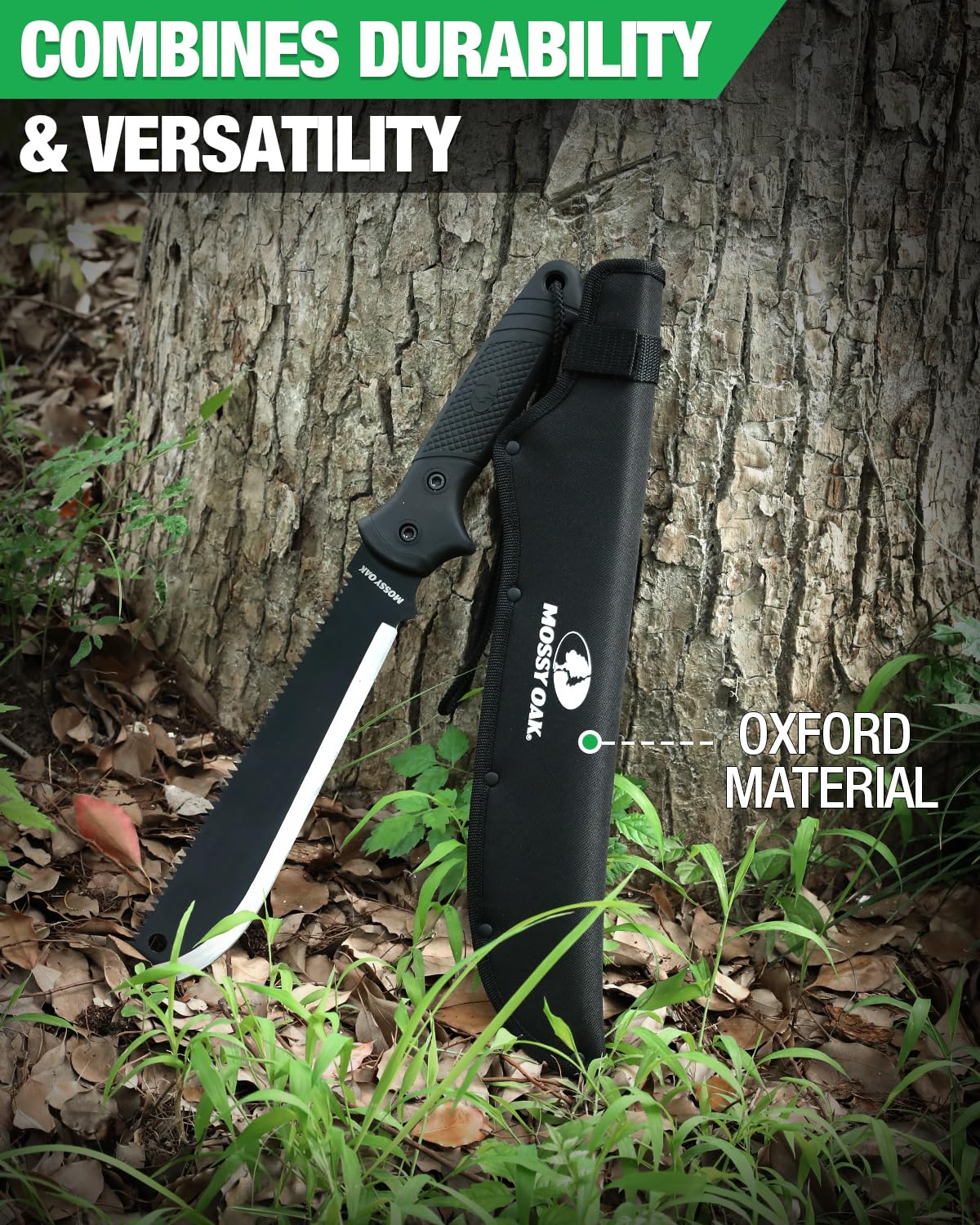 Mossy Oak machete with sheath ready for quick access